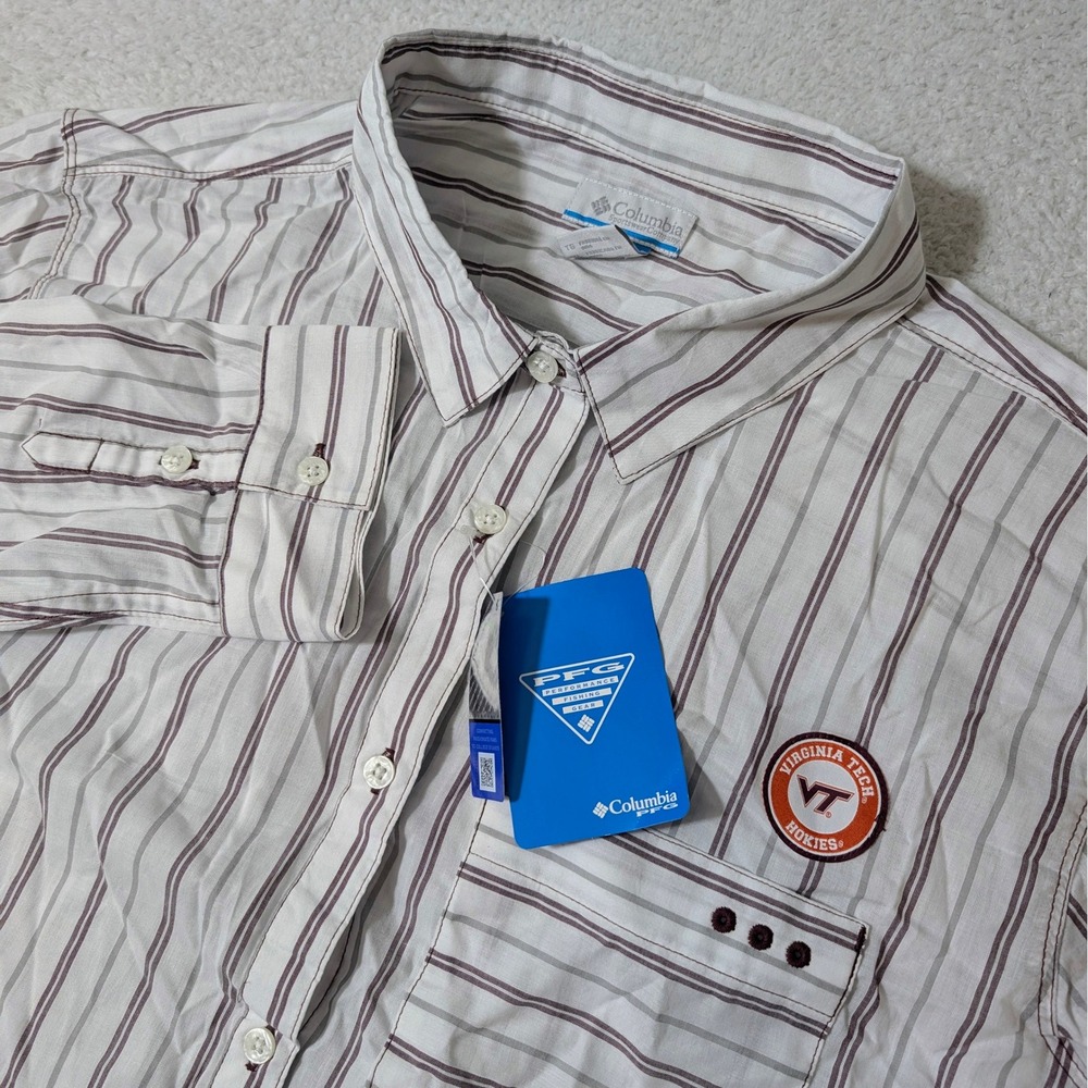 NEW Columbia Button Down Women XL White Maroon Stripe Virginia Tech L/S PFG